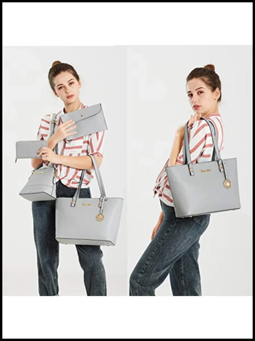 Synthetic Leather Shoulder Tote Bag Satchel Set 5pcs